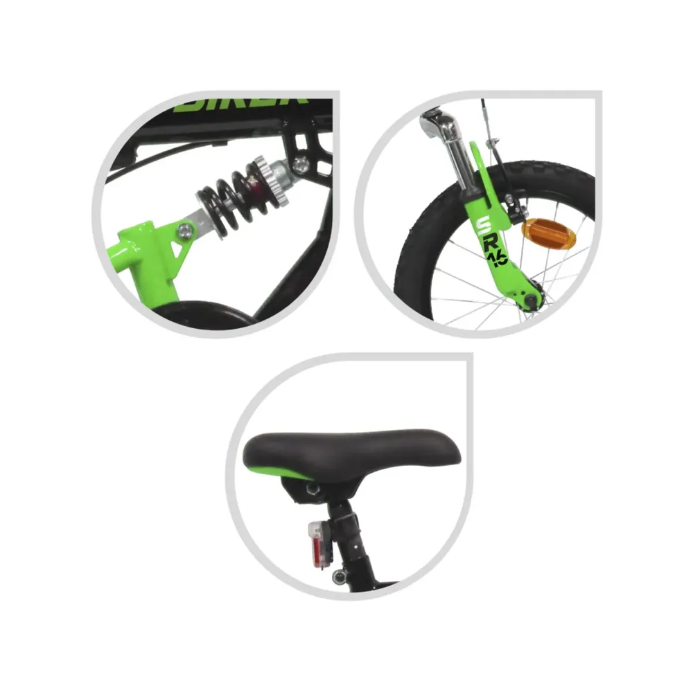 Best Bicicletta 16" Luxury Dallo Stile Sportivo Nero E Verde Sistema A 2 Freni V-Brake Struttura In Acciaio Adatta Per Bambini Dai 8-12 Anni Biciclette Per Bambini