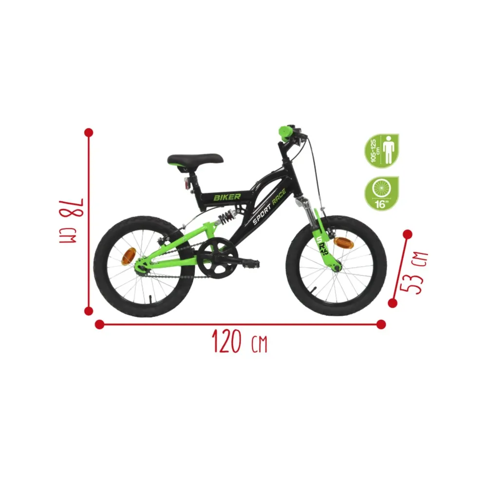 Best Bicicletta 16" Luxury Dallo Stile Sportivo Nero E Verde Sistema A 2 Freni V-Brake Struttura In Acciaio Adatta Per Bambini Dai 8-12 Anni Biciclette Per Bambini