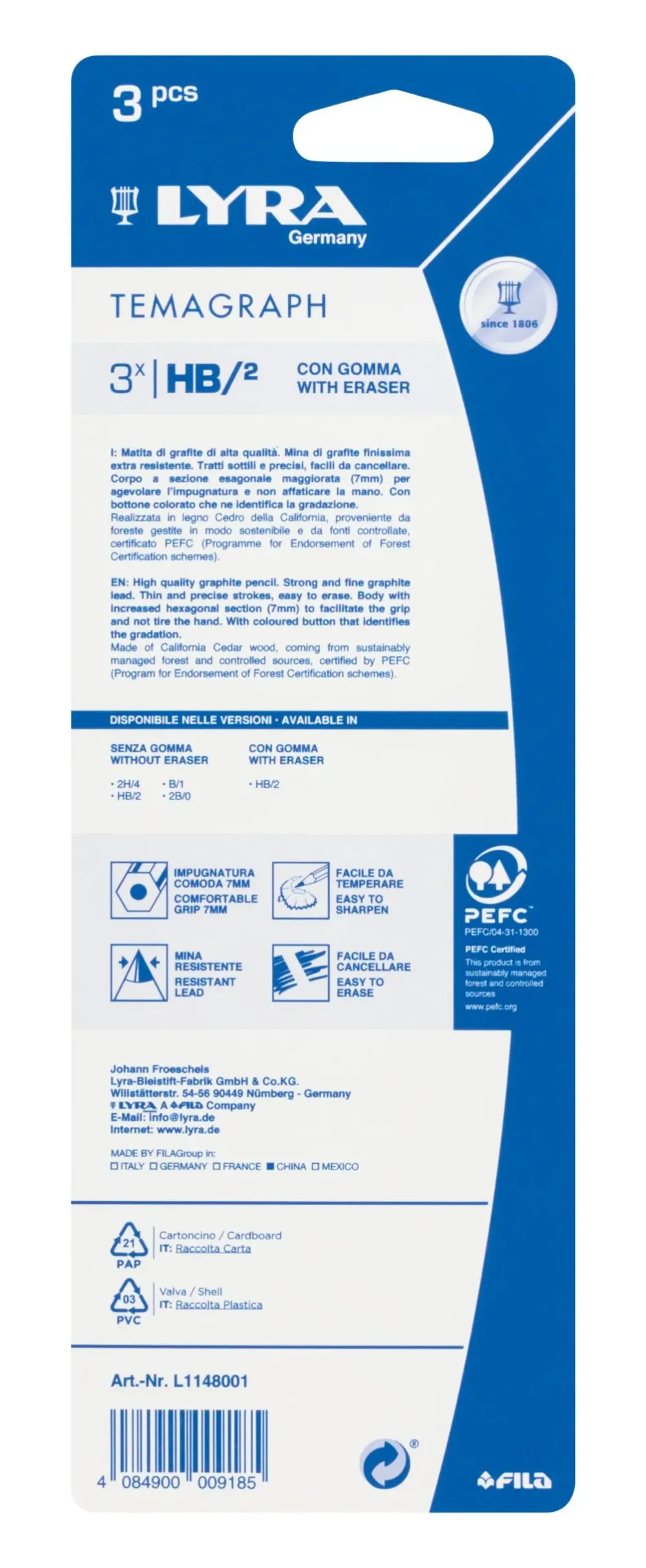 Blister 3 Lyra Temagraph Con Gomma Hb Cancelleria E Accessori