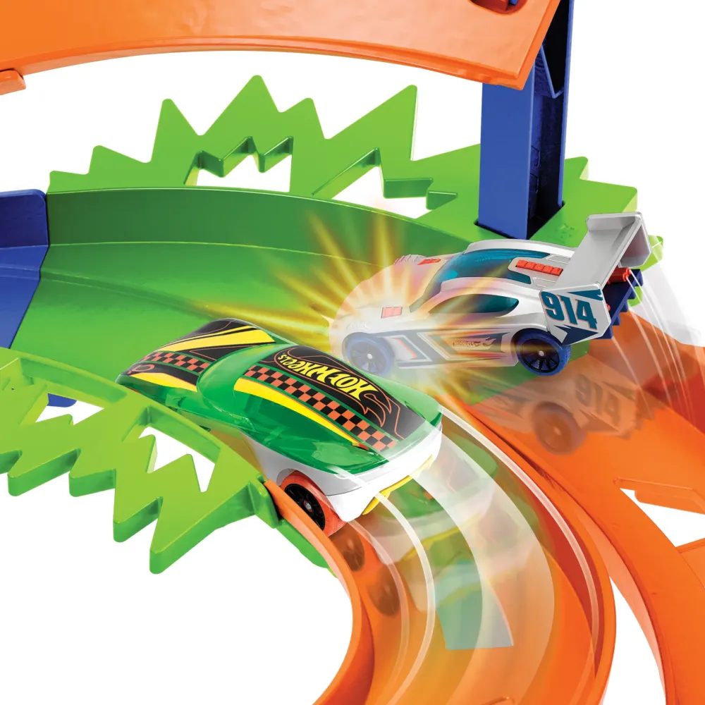 New Pista A Spirale, Playset Con Lanciatori, Salto Nel Vuoto E Zona Di Collisione, Include 2 Macchinine Garage E Circuiti