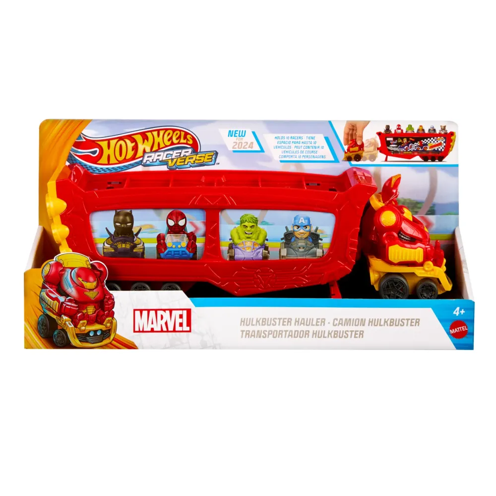 Racerverse Trasportatore Hulkbuster, Veicolo Per Trasportare Fino A 10 Macchinine, Con Cabina Di Guida Rimovibile, Casco Apribile E Personaggio Macchinine Bambini